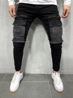 Color Block Patchwork Pencil Byxor Casual Mid Waist Men's Jeans