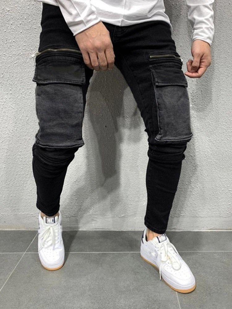 Color Block Patchwork Pencil Byxor Casual Mid Waist Men's Jeans