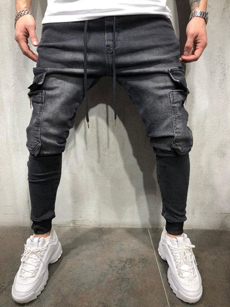 Color Block Pocketed Casual Lace-up Style Men's Jeans