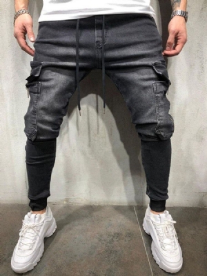 Color Block Pocketed Casual Lace-up Style Men's Jeans