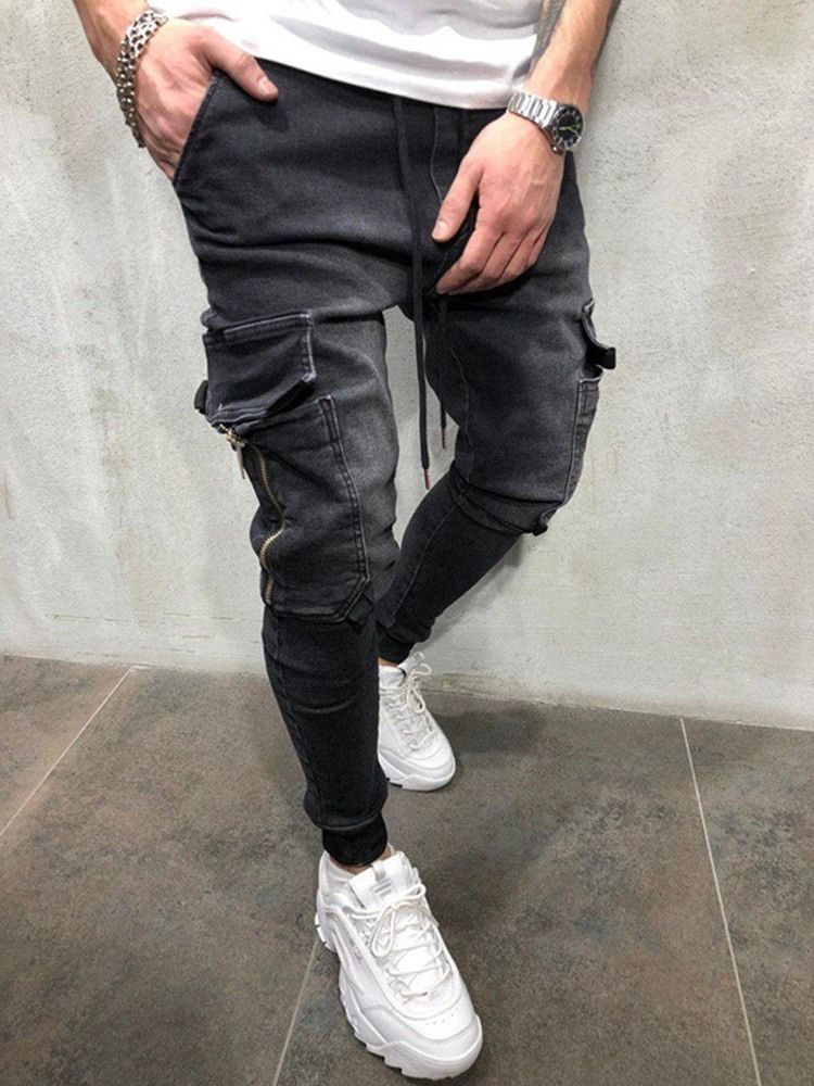 Color Block Pocketed Casual Lace-up Style Men's Jeans