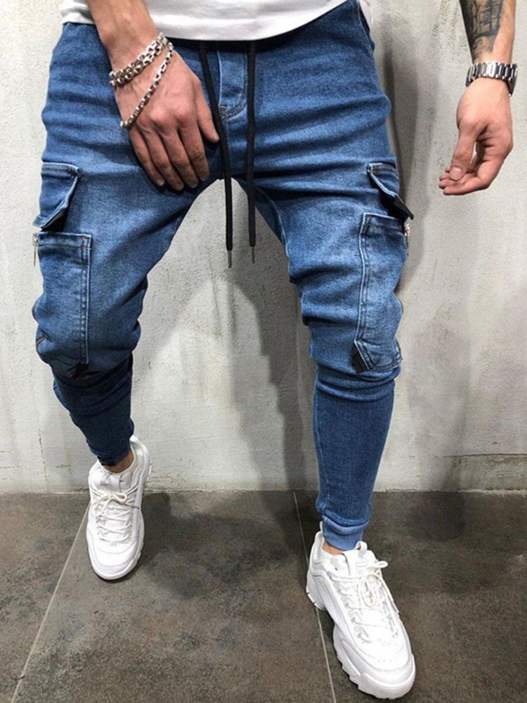 Color Block Pocketed Casual Lace-up Style Men's Jeans