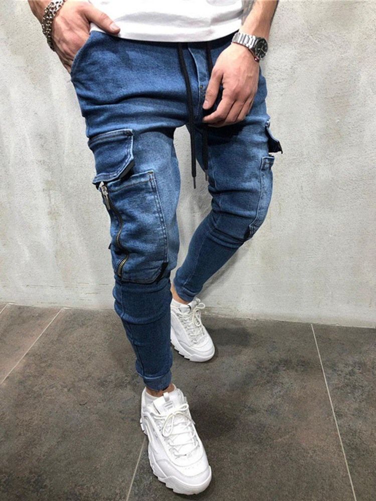 Color Block Pocketed Casual Lace-up Style Men's Jeans