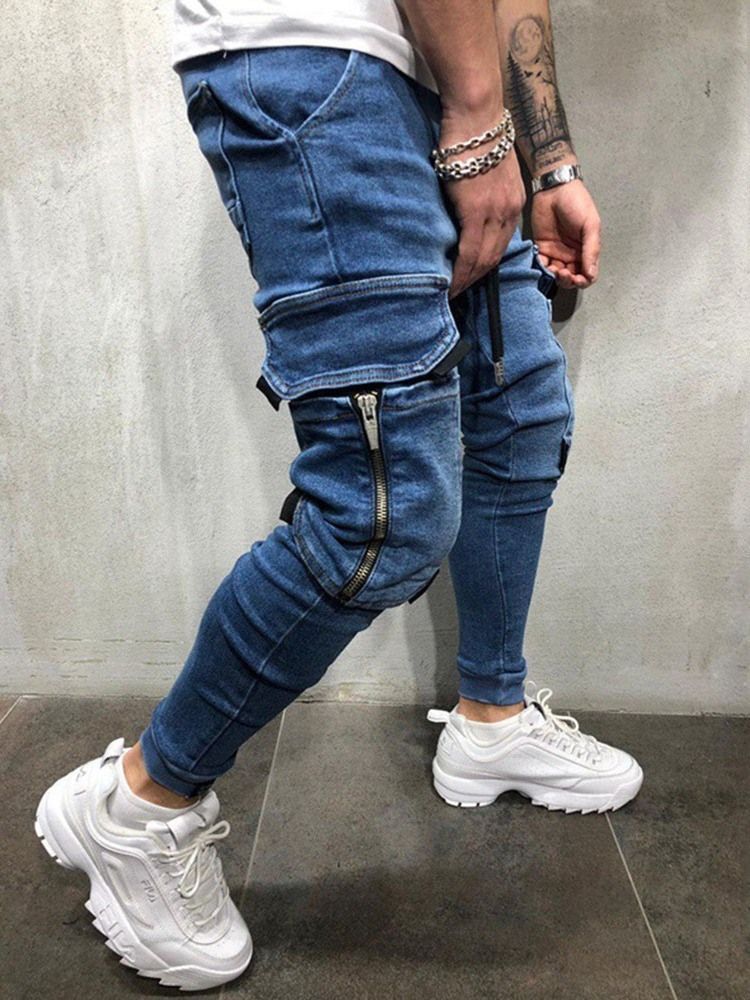 Color Block Pocketed Casual Lace-up Style Men's Jeans