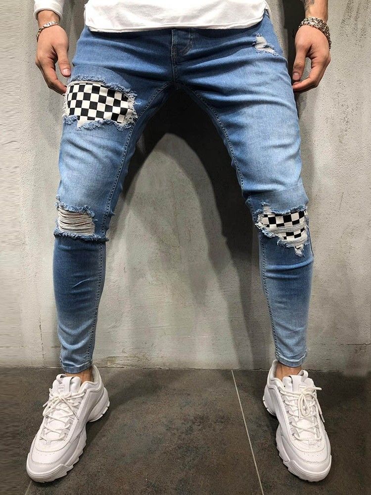 Color Block Thin Mens Zipper Jeans