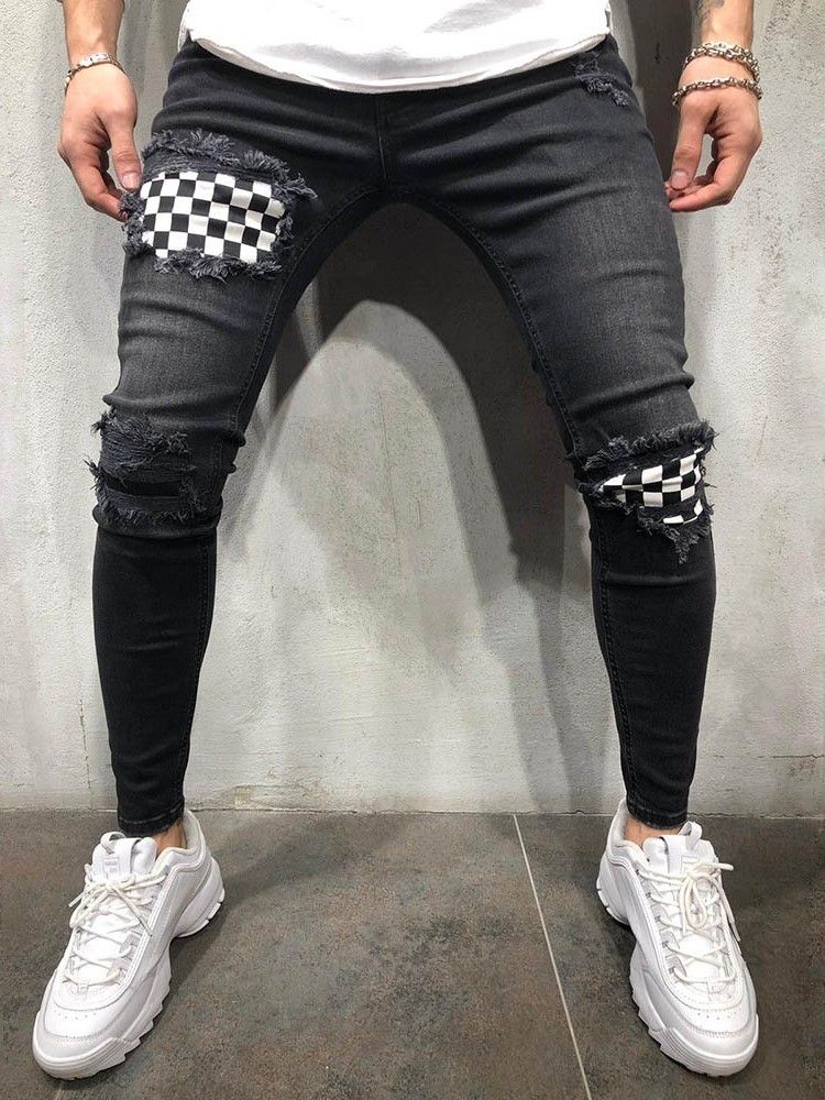 Color Block Thin Mens Zipper Jeans