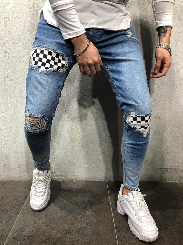 Color Block Thin Mens Zipper Jeans