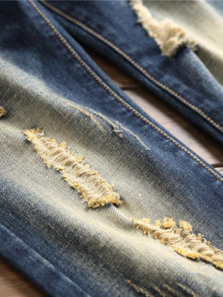 Färgblock Mörkblå Rippade Jeans För Män