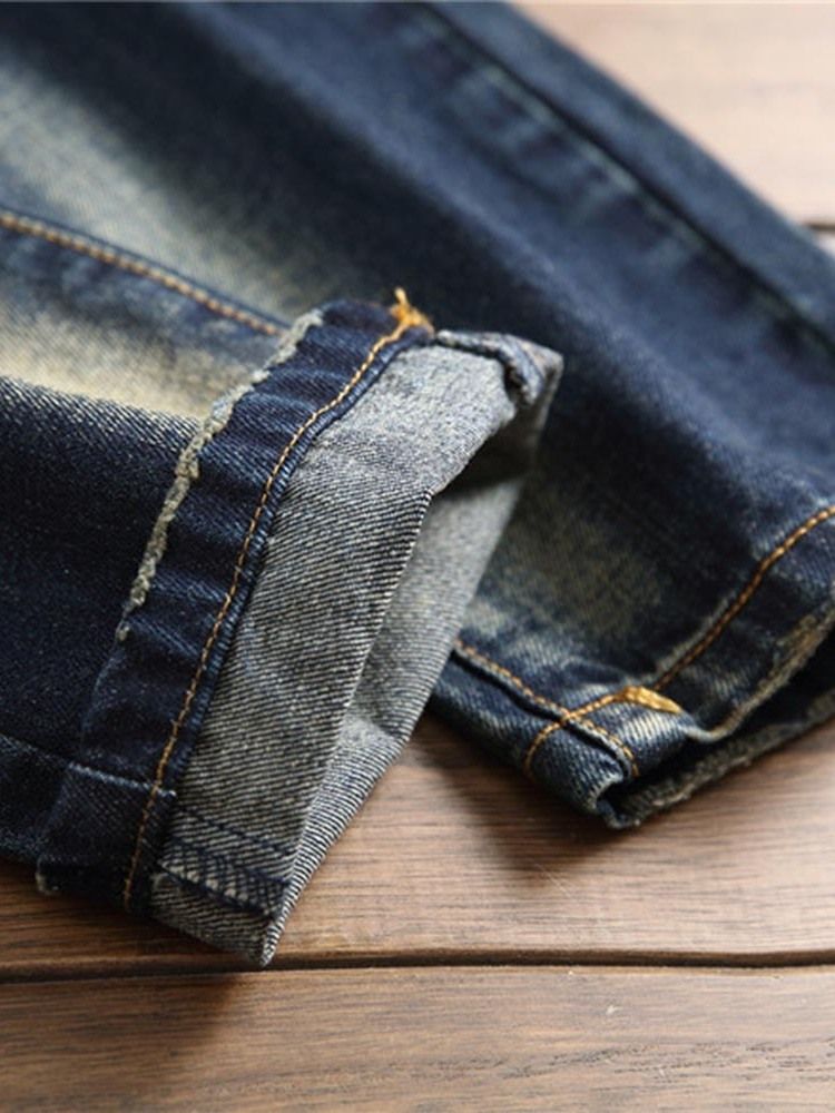 Färgblock Mörkblå Rippade Jeans För Män