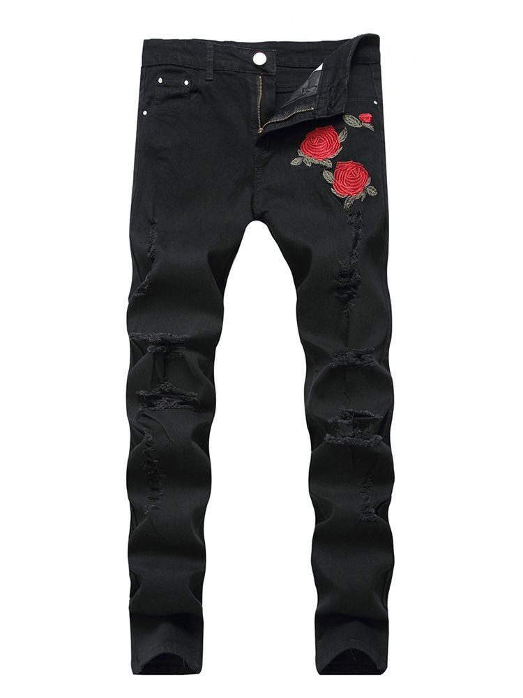 Floral Print Zipper Mens Mid Waist Jeans