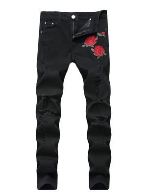 Floral Print Zipper Mens Mid Waist Jeans