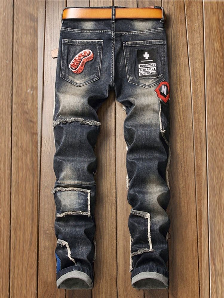 Geometriska Broderiblyertsbyxor European Zipper Men's Jeans