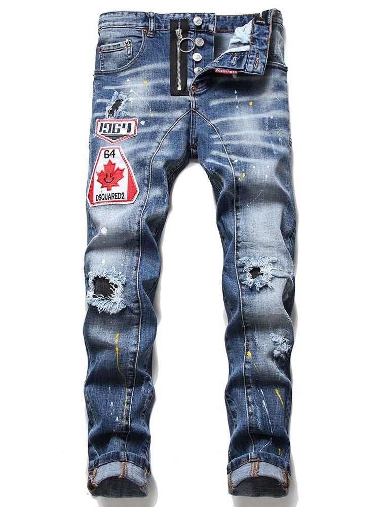 Hål Casual Button Herr Jeans