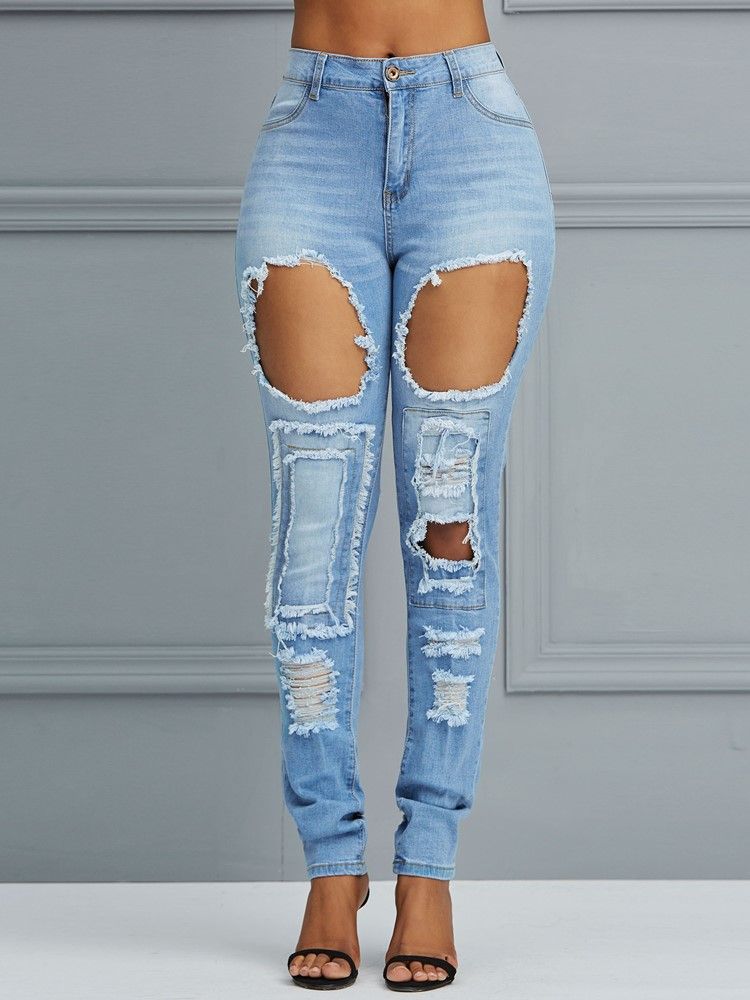 Hål High-waist Pencil Pants Jeans För Kvinnor