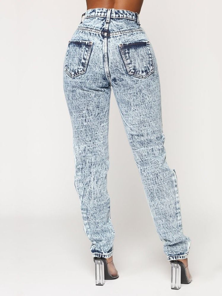 Hål Med Vida Ben För Kvinnor Slät Jeans Med Hög Midja