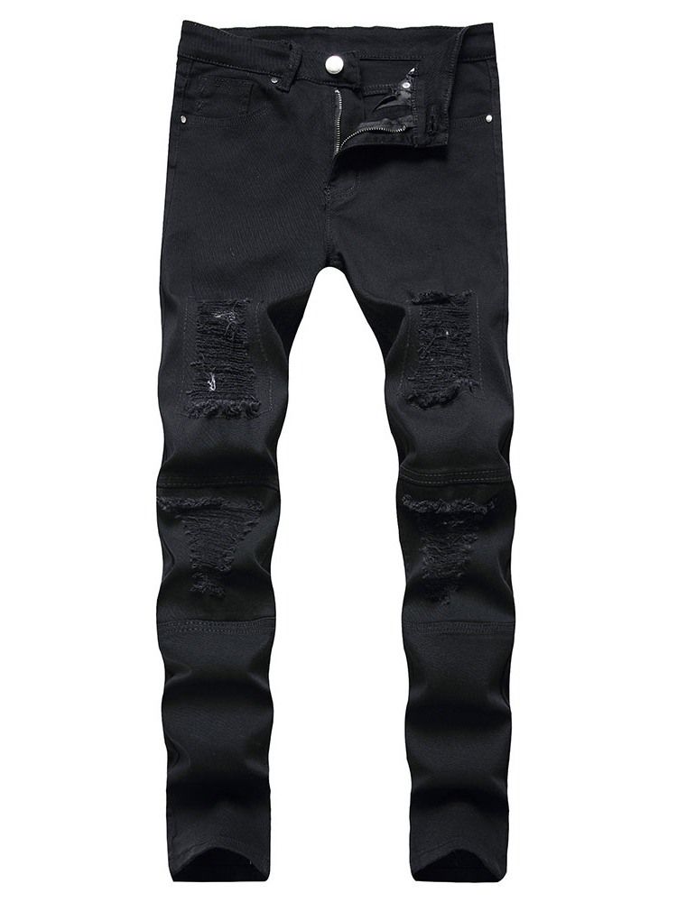 Hål Plain Straight Zipper Casual Herr Jeans