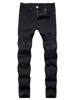 Hål Plain Straight Zipper Casual Herr Jeans