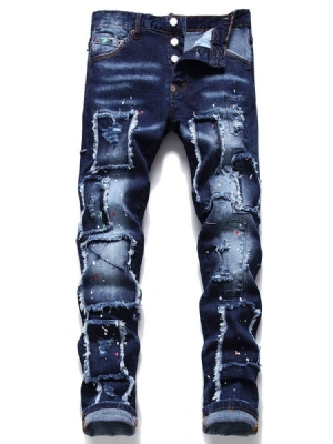 Hål Straight Mid Waist Button Herr Jeans