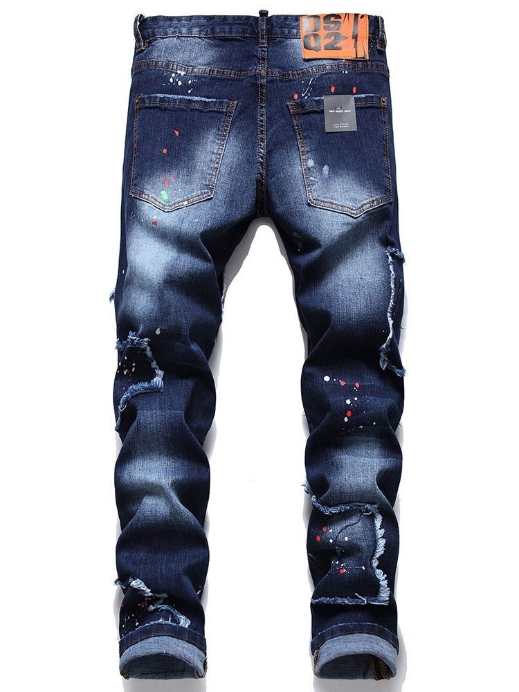 Hål Straight Mid Waist Button Herr Jeans