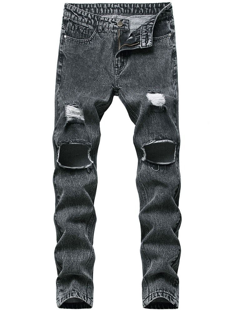 Hål Straight Plain Zipper Mid Waist Men's Jeans