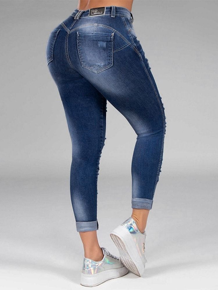 Hål Straight Plain Zipper Mid Waist Women's Jeans