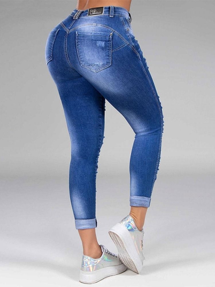 Hål Straight Plain Zipper Mid Waist Women's Jeans