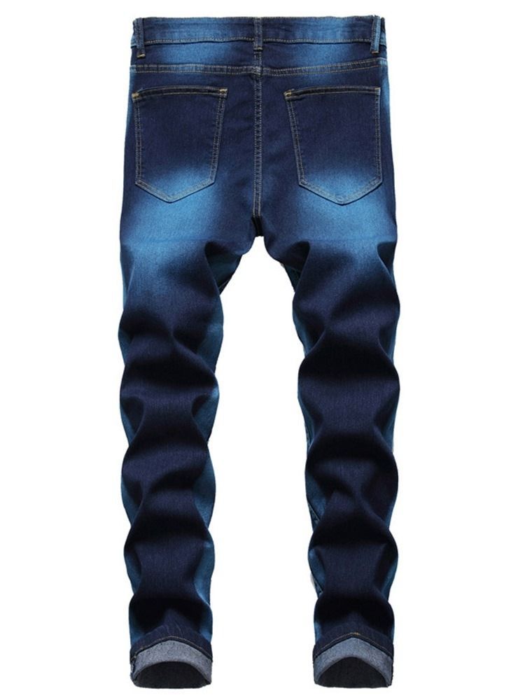 Hål Straight Zipper Mid Waist Men's Slim Jeans