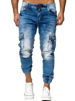 Herr Pocket Plain Pencil Byxor Snörning Casual Jeans