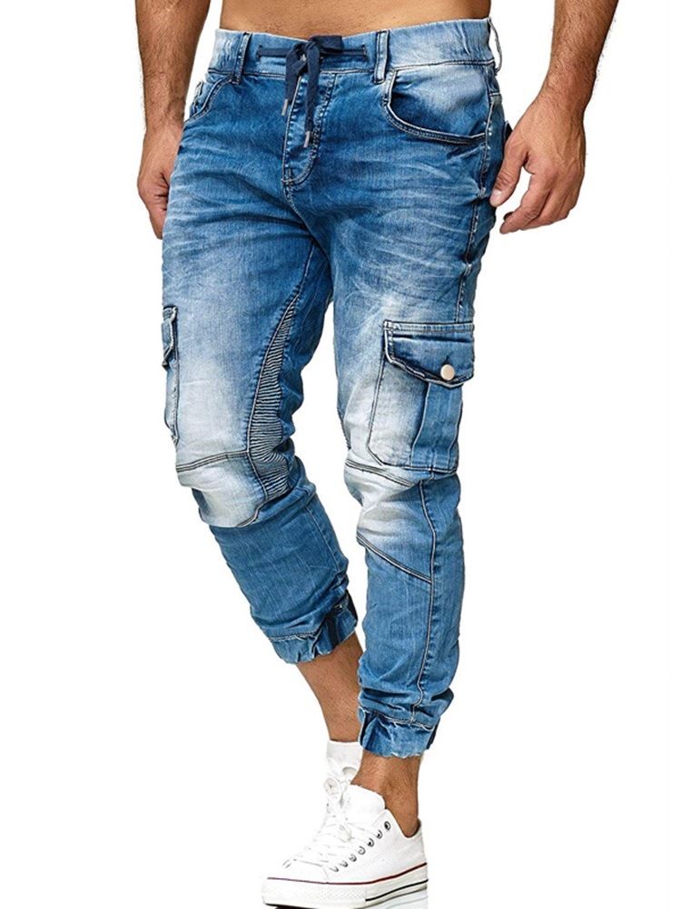 Herr Pocket Plain Pencil Byxor Snörning Casual Jeans