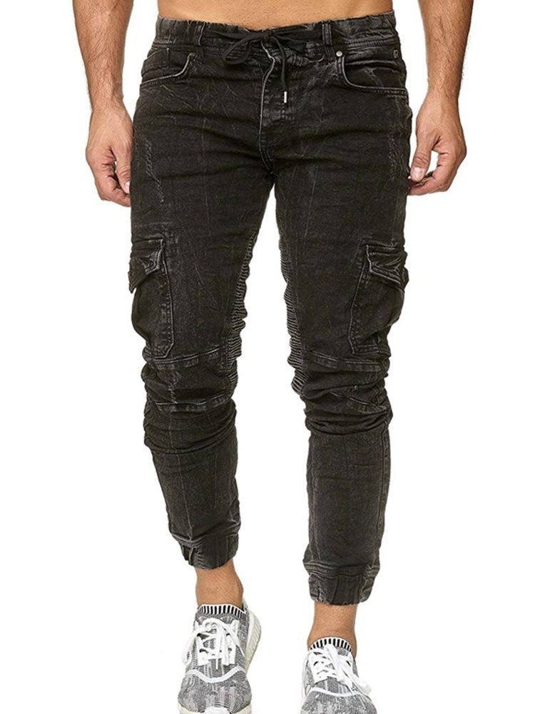 Herr Pocket Plain Pencil Byxor Snörning Casual Jeans