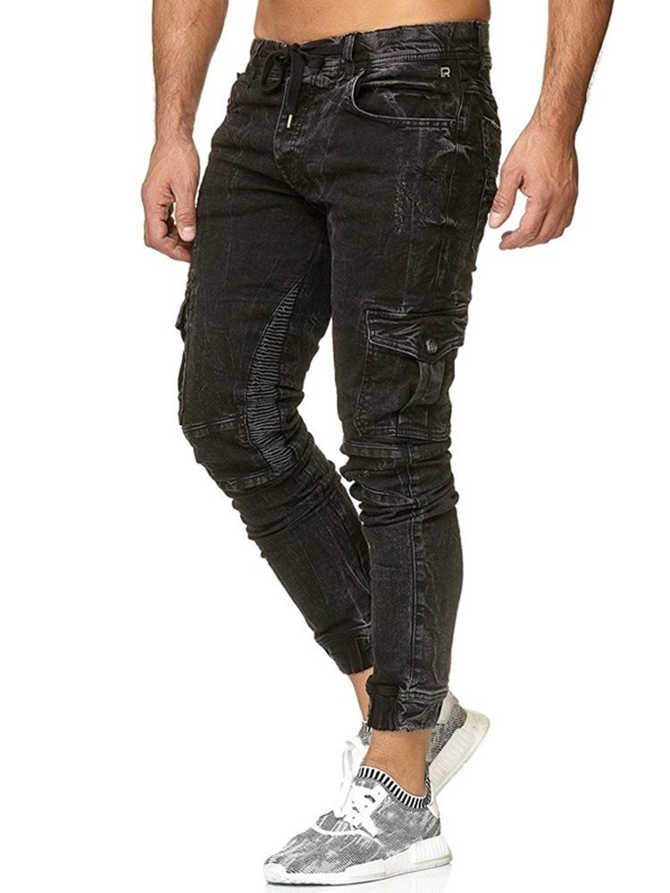 Herr Pocket Plain Pencil Byxor Snörning Casual Jeans