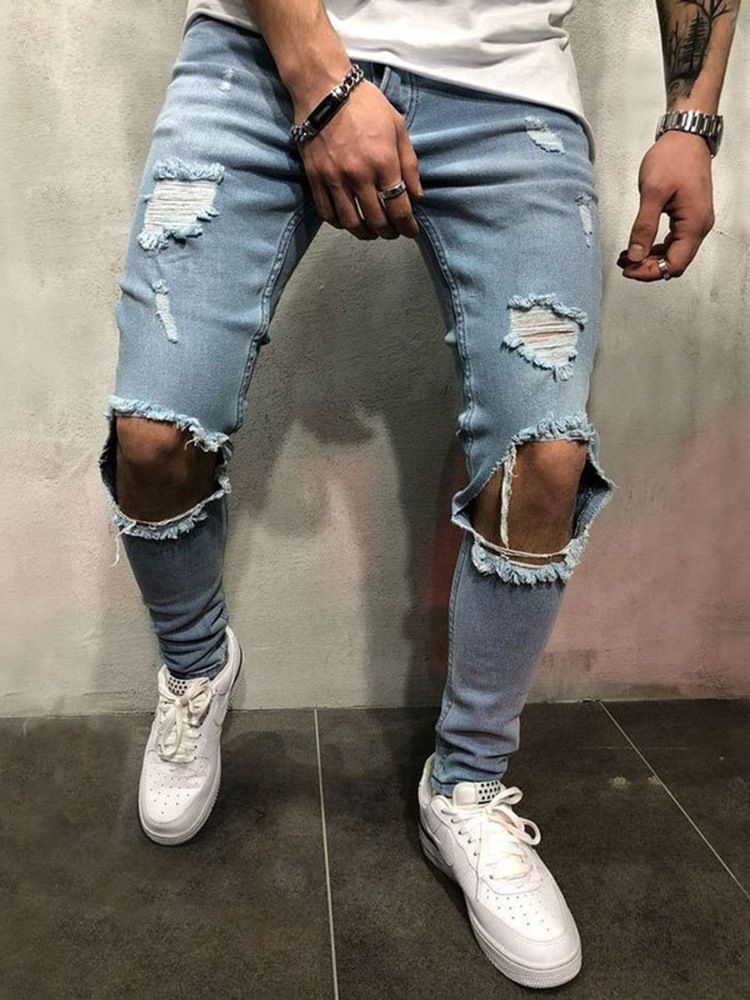 Herrhål Tunn Plain Jeans Med Dragkedja Med Låg Midja