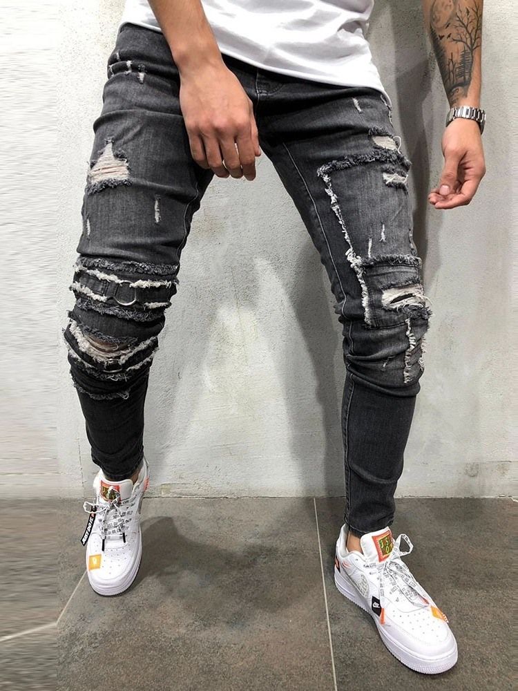 Hole Pencil Pants Mid Waist Mens Casual Jeans