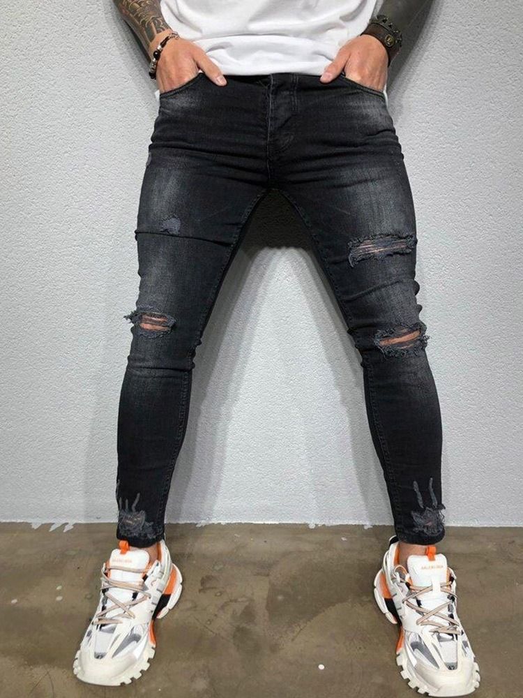 Hole Pencil Pants Zipper European Men's Jeans