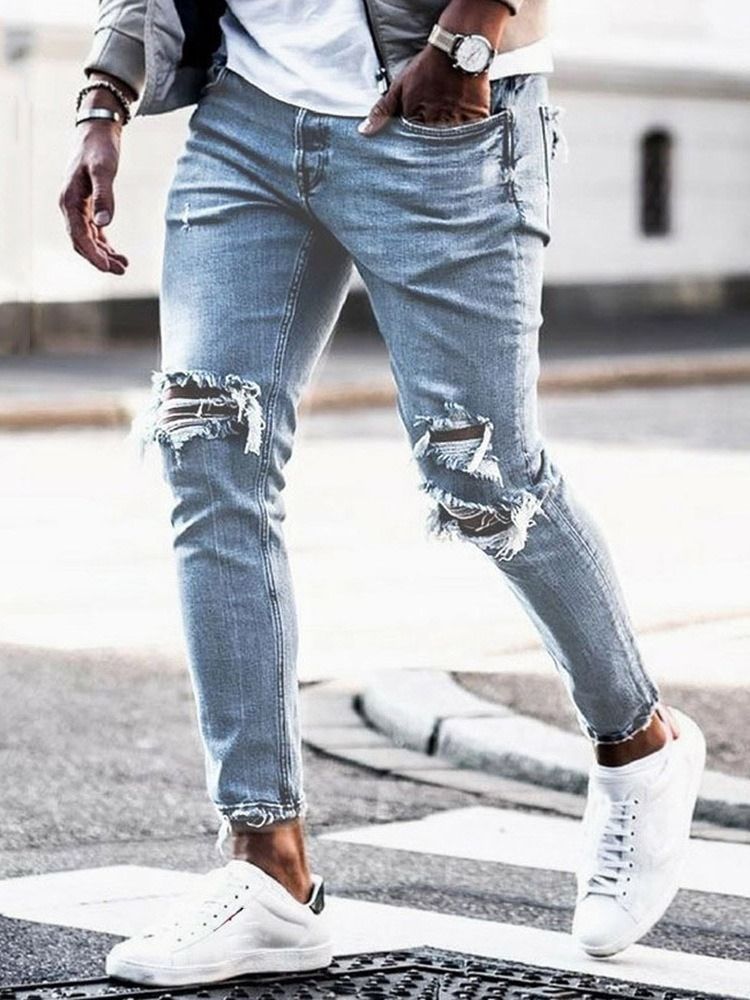 Hole Plain Pencil Pants Mid Waist Men's Casual Jeans