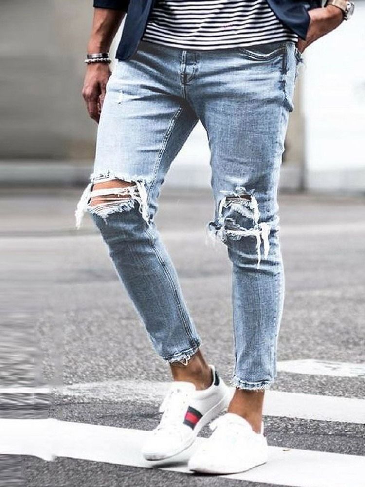 Hole Plain Pencil Pants Mid Waist Men's Casual Jeans