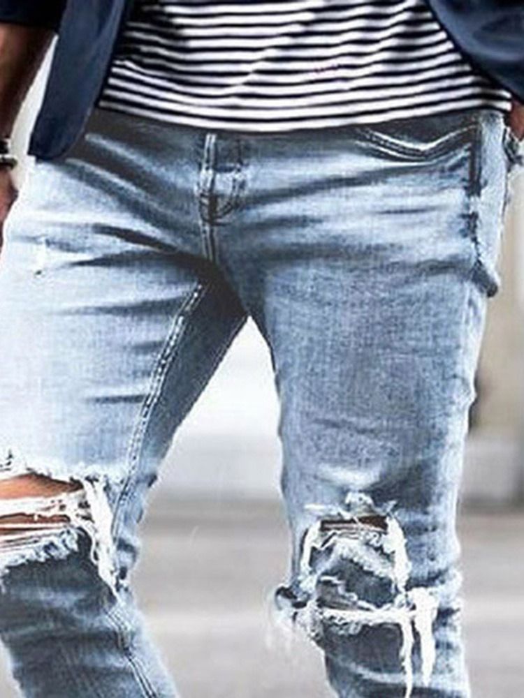 Hole Plain Pencil Pants Mid Waist Men's Casual Jeans