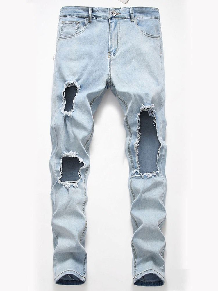 Hole Plain Straight Zipper Koreanska Jeans För Män