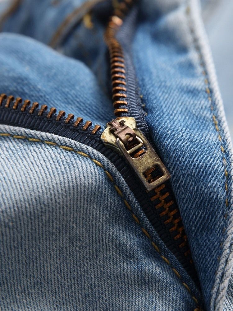 Hole Plain Straight Zipper Koreanska Jeans För Män