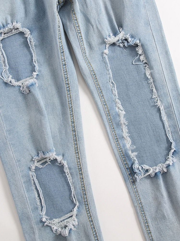 Hole Plain Straight Zipper Koreanska Jeans För Män