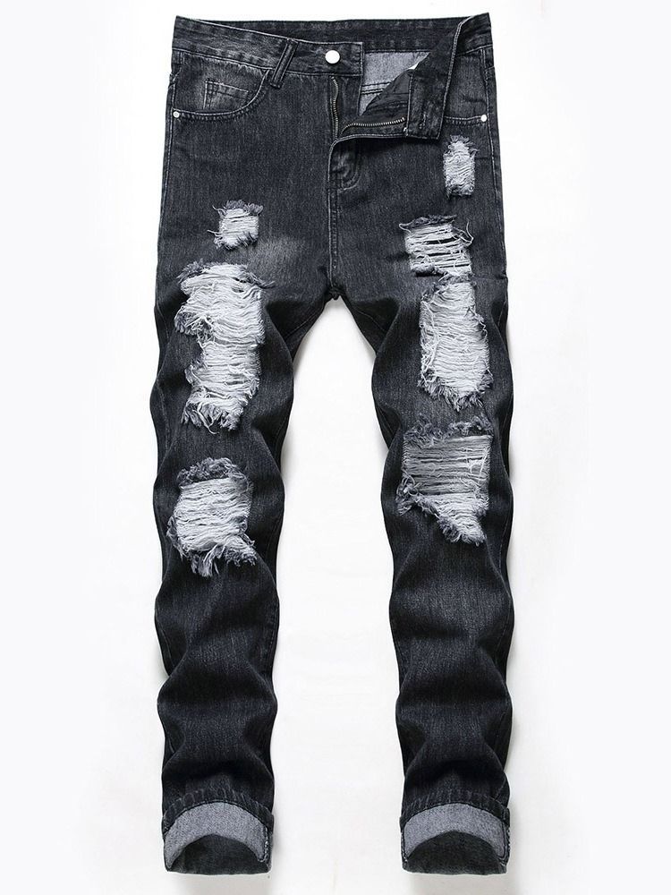 Hole Plain Zipper Mid Waist Men's Jeans