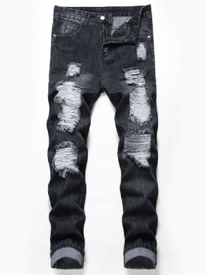 Hole Plain Zipper Mid Waist Men's Jeans