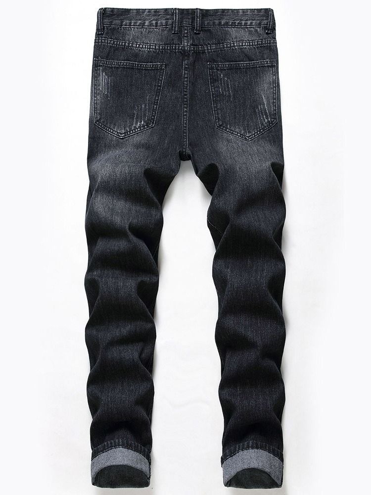 Hole Plain Zipper Mid Waist Men's Jeans