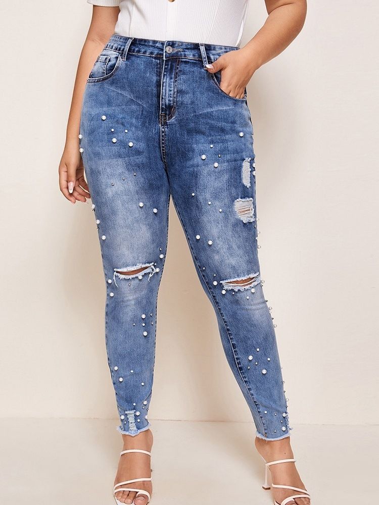 Kvinnor Plain Pencil Pants Bead Slim High Waist Jeans