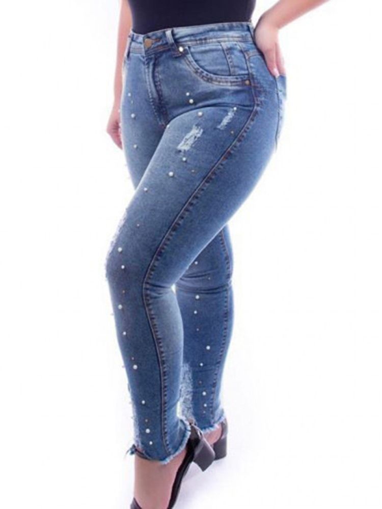 Kvinnor Plain Pencil Pants Bead Slim High Waist Jeans