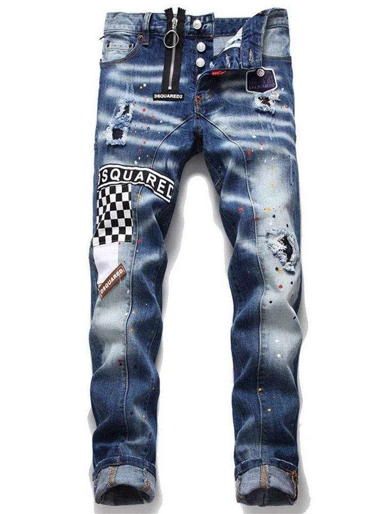 Letter Paint Splatters Mid Waist European Men's Jeans