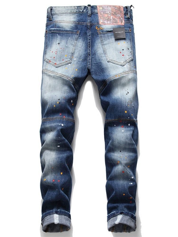 Letter Paint Splatters Mid Waist European Men's Jeans