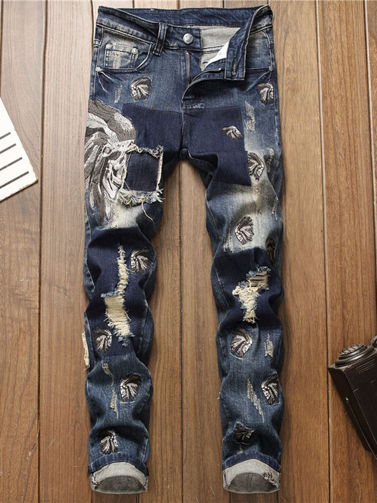 Mäns Hålfärgade Blockpennbyxor Mid Midja Dragkedja Jeans