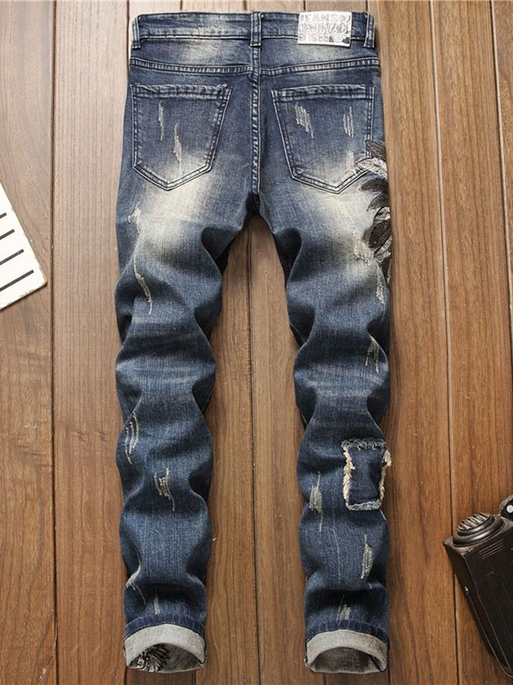 Mäns Hålfärgade Blockpennbyxor Mid Midja Dragkedja Jeans