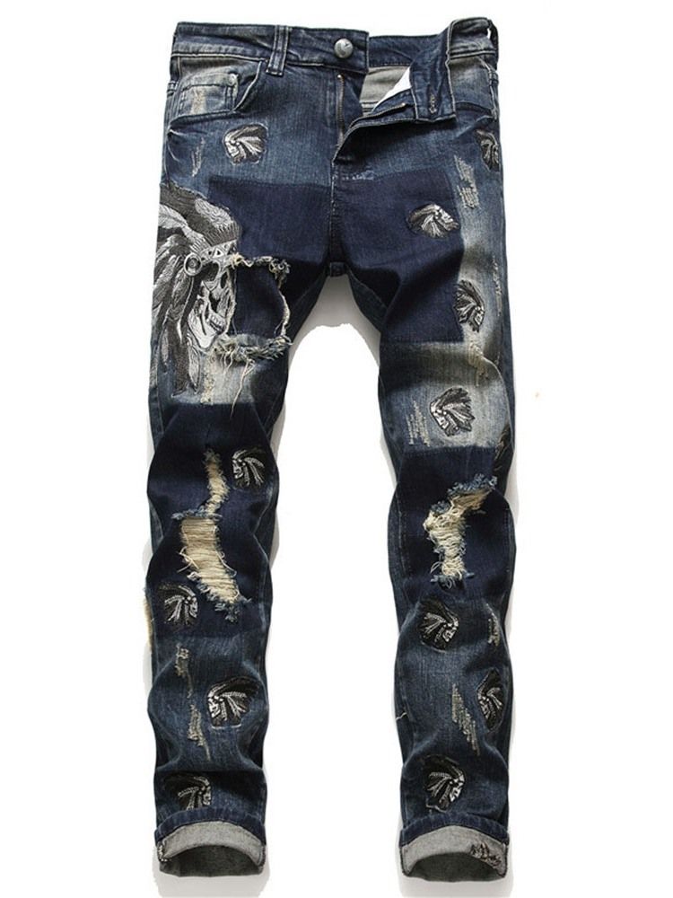 Mäns Hålfärgade Blockpennbyxor Mid Midja Dragkedja Jeans